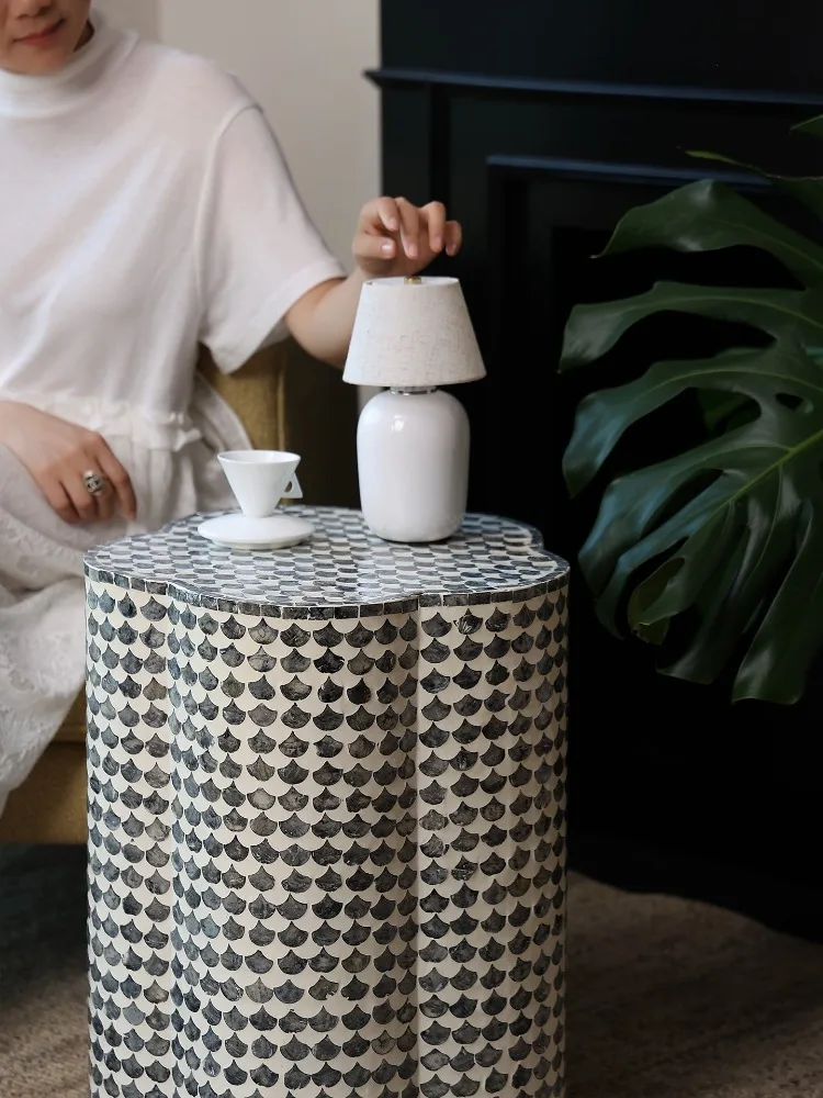 Luxury Modern Shell Small Side Tables,Living Room Coffee Table,Movable Drum Stool Decoration, Sofa,Art Household Pier Furniture