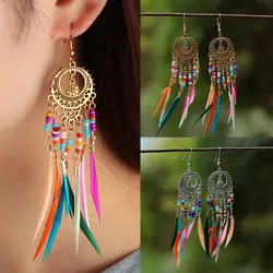 Retro Ethnic Earrings Rainbow Beads Feather Tassels Dangle Drop Ear Hoop for Women Female Hollow Boho Ear Jewelry Accessories