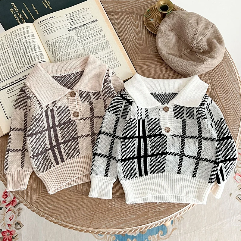 

New Autumn Children Sweaters Kids Knitting Pullovers Tops Spring Toddler Boys Girls Grid Long Sleeve Baby Girl Boy Sweaters Coat