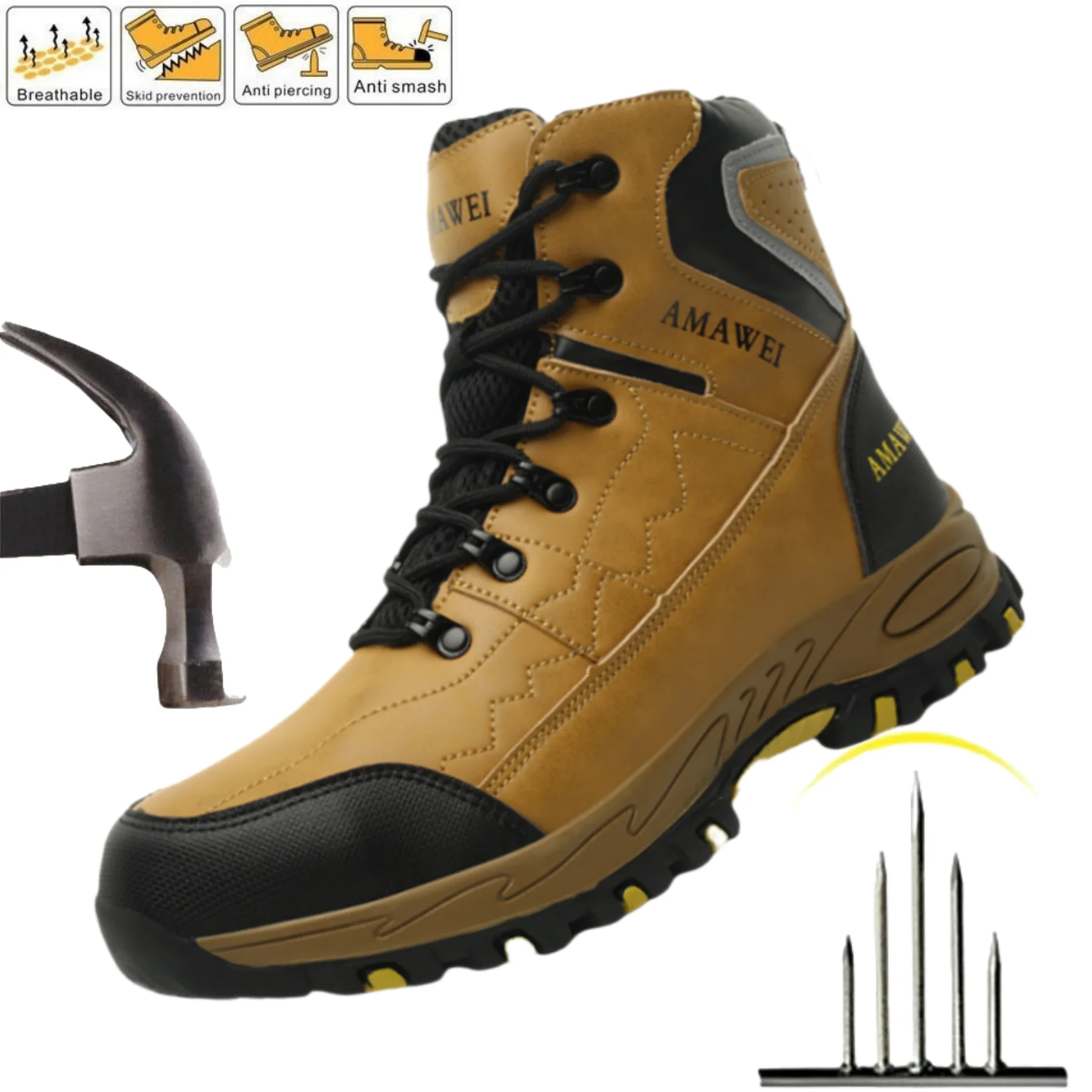 

Industrial Safety Steel Toe Wear Resistant Construction Work Shoes Puncture-Proof Male Shoes Slip Resistant Hiking Men's Boots
