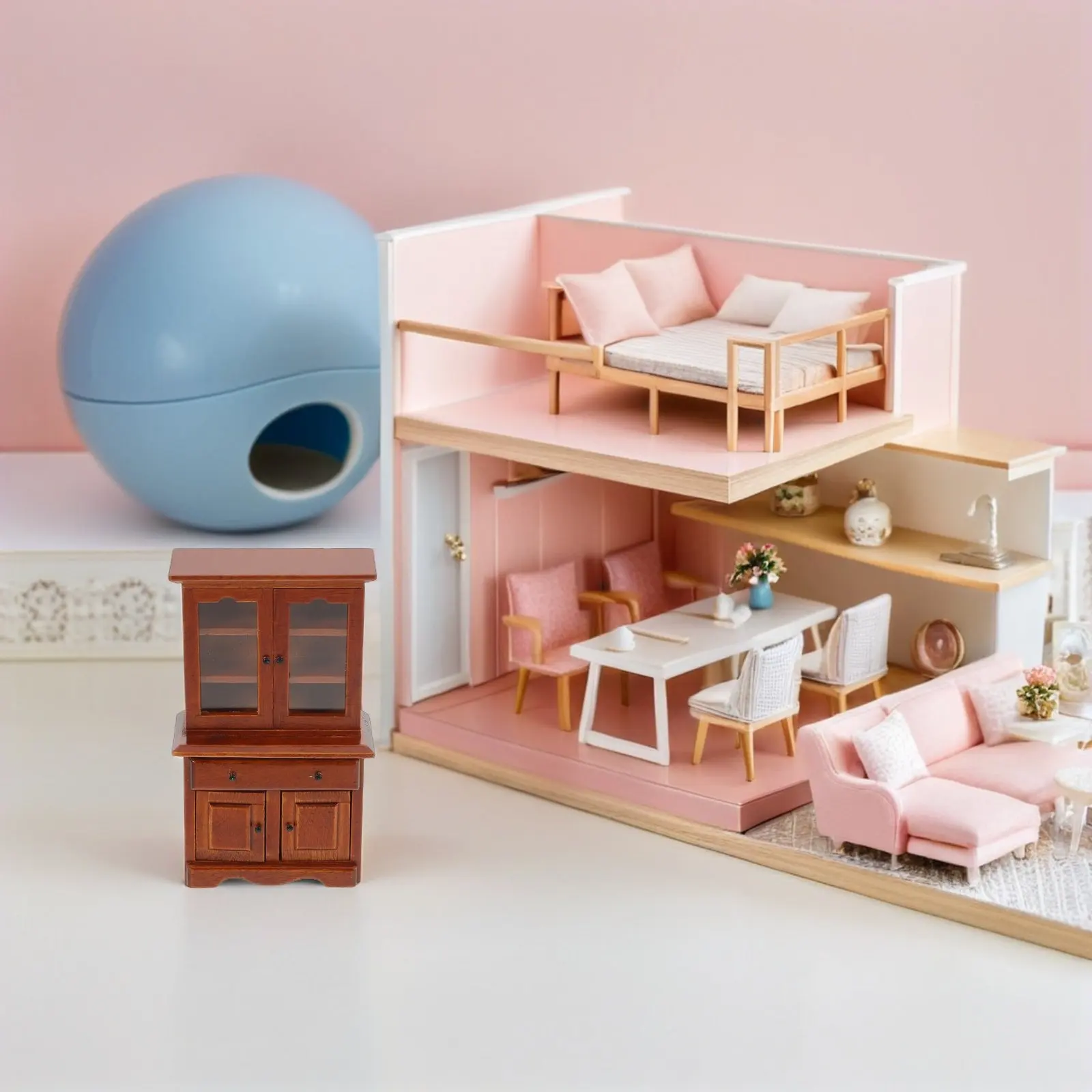 

Аутентичный миниатюрный деревянный книжный шкаф-витрина в масштабе 1:12 с выдвижными ящиками, подходит для кукольного домика, микромасштабного интерьера.