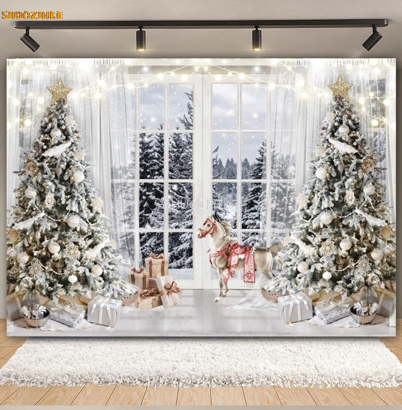 Winter Christmas Photography Backdrop Xmas Tree Fireplace Window Gift Snowman Kids Portrait Family Party Background Photo Studio