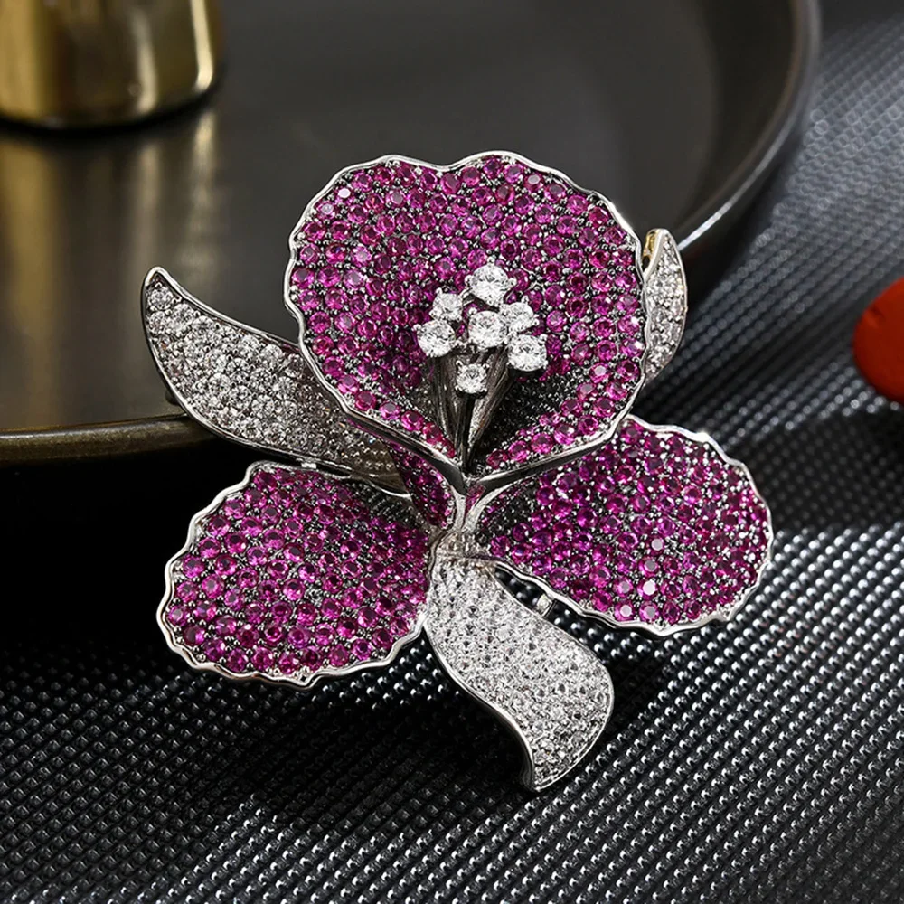Luxurious Cubic Zirconia Orchid Flower Brooch Delicate Purple Rhinestone Floral Pins Brooches for Women Valentine's Gift