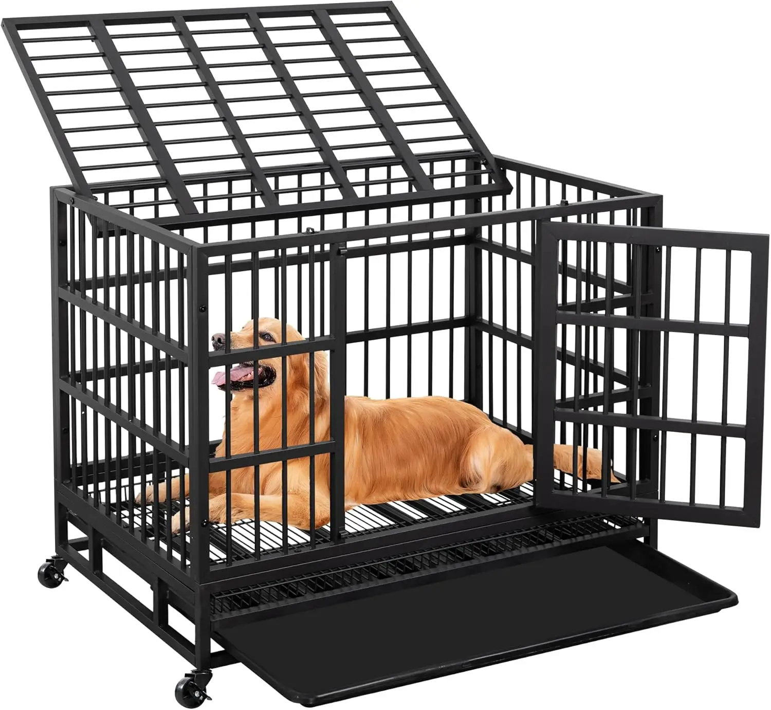 

38 Inch Heavy Duty Indestructible Dog Crate, Escape Proof Dog Cage Kennel with Lockable Wheels,High Anxiety Double Door