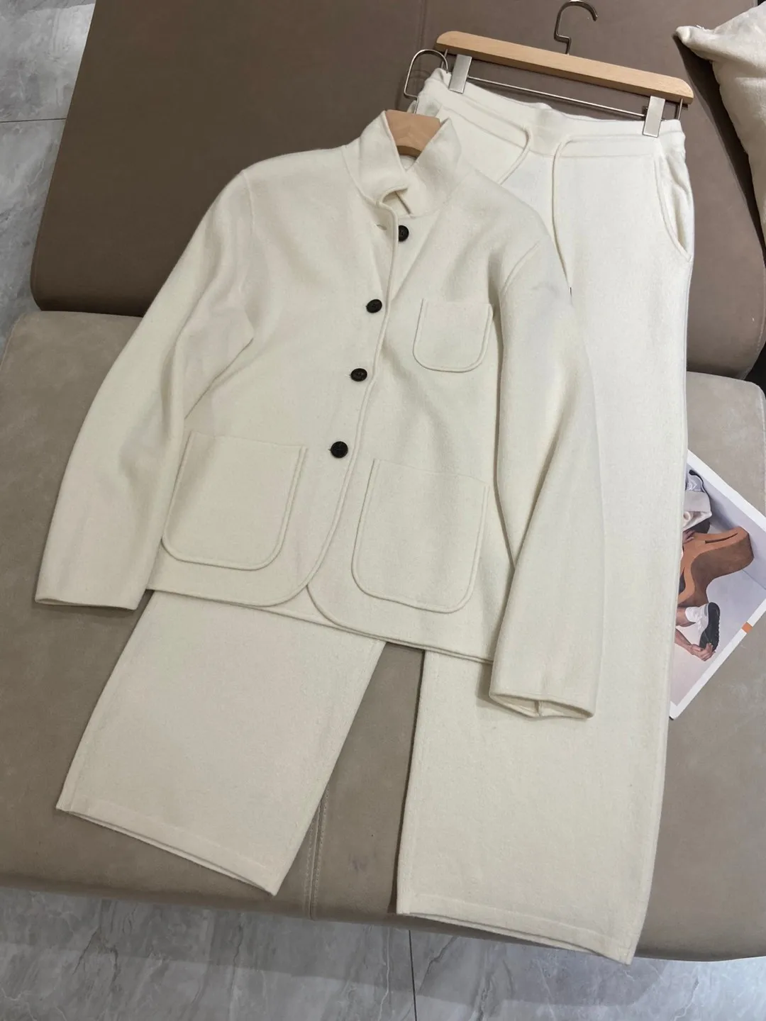 Autumn 2024 L*P Women\'s Cashmere Long-sleeved Lapel Jacket Drawstring High Waist Pants Set Casual Straight Pants Two Piece Suit