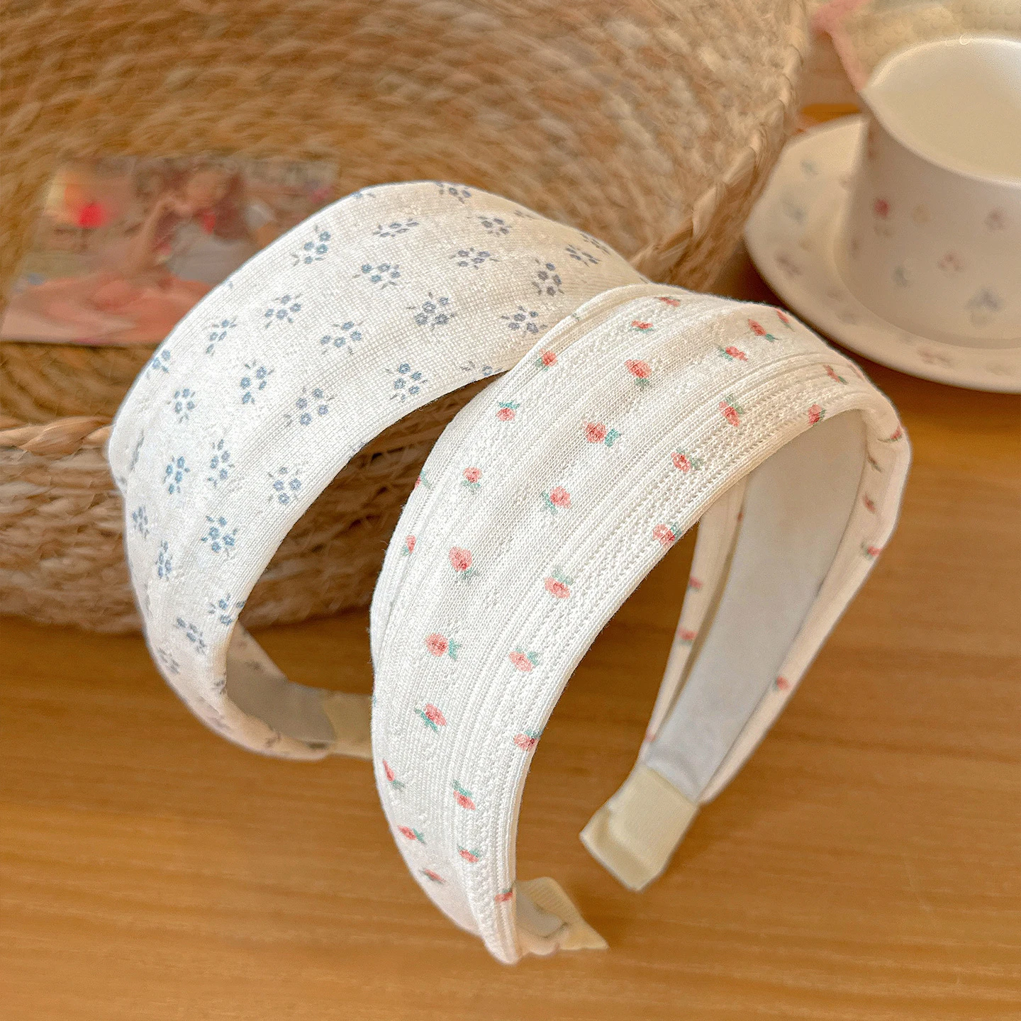 Soft Knitted Cotton Headbands For Women Sweet Floral Print Hairbands White Hair Hoops Comfy Wide Crown Retro Hair Accessories