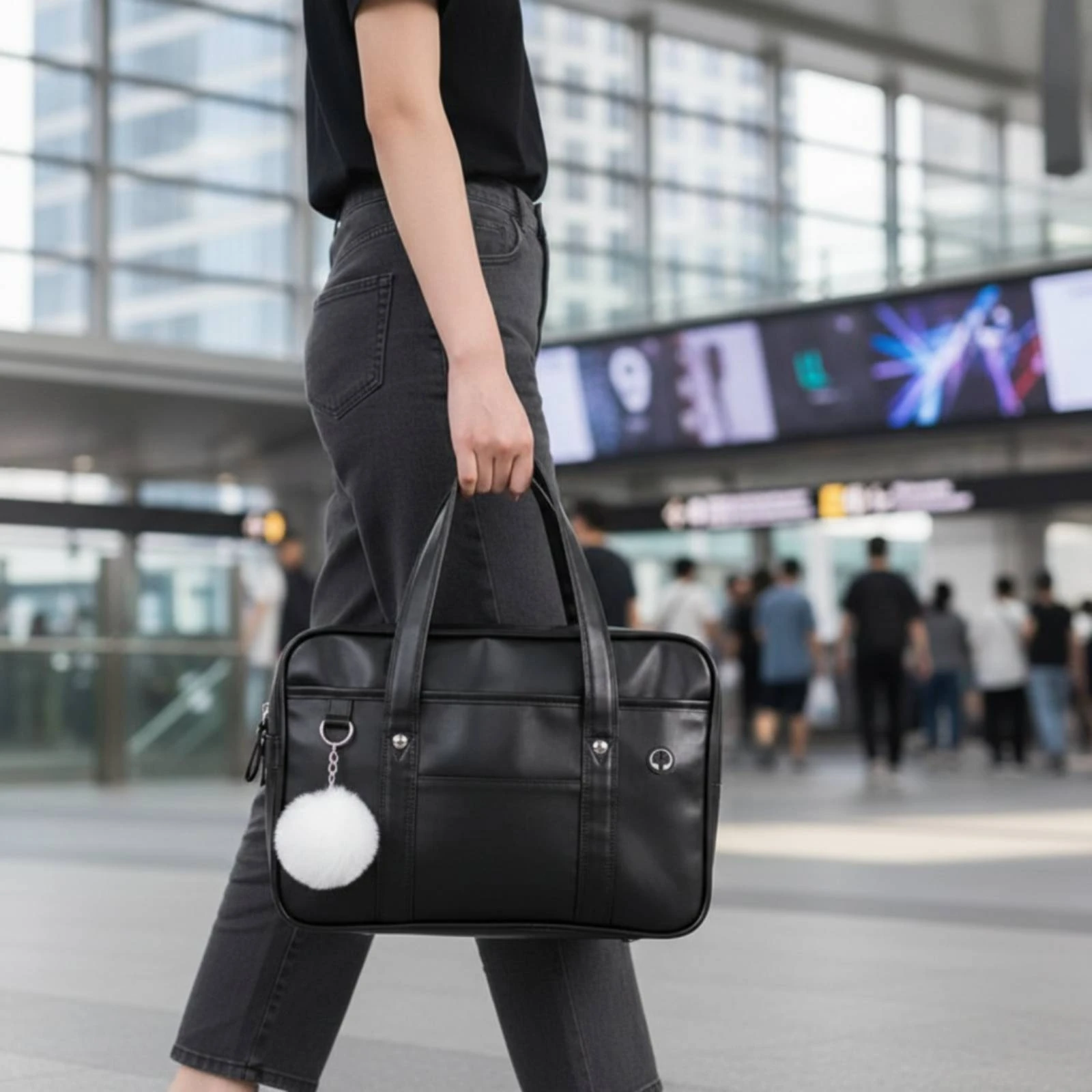 Tote Bag with Pom-Pom Rectangular Shoulder Bag with Headphone Port Handbag Spacious Organized for Commuters, Office, University