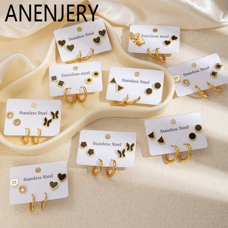 ANENJERY 316L Edelstahl Rund Schmetterling Herz Geometrie Zirkon Ohrringe Für Frauen Einfache Mode Neue Trend Schmuck Geschenke