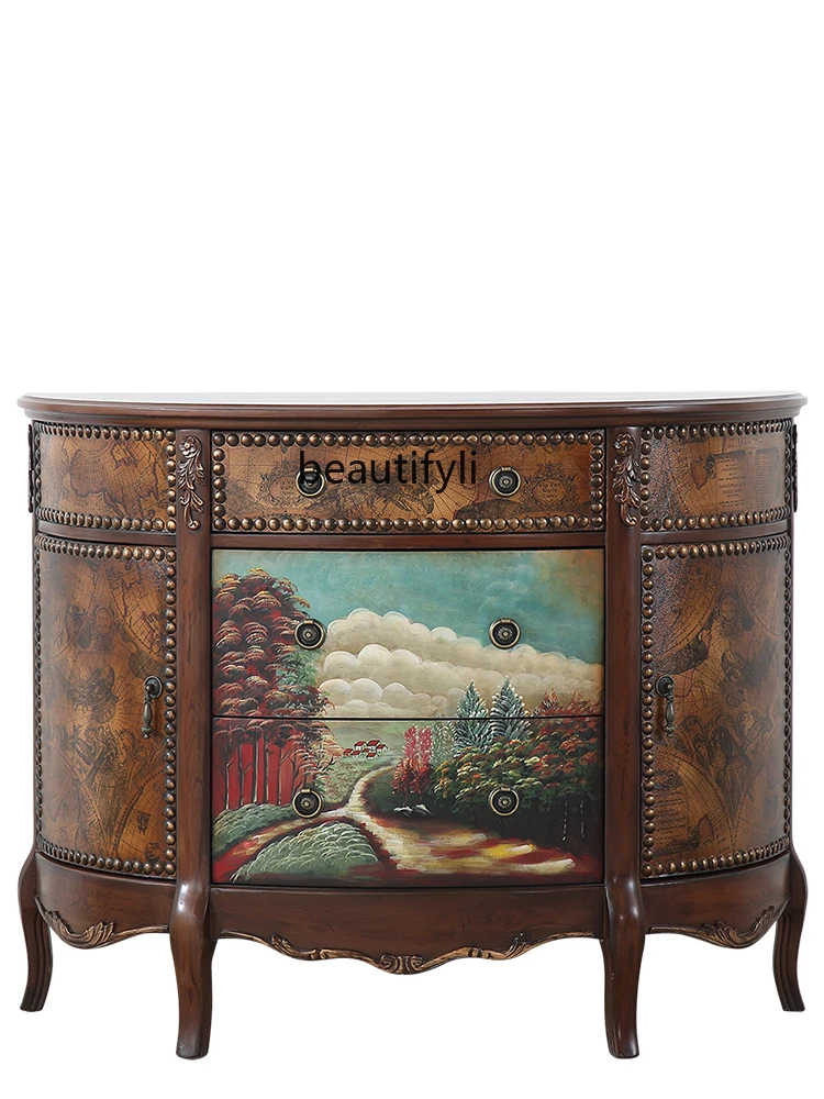 

American Foyer Entrance Cabinet Vintage Painted Living Room Semicircle Storage Cabinet Hotel Villa Curio Cabinet