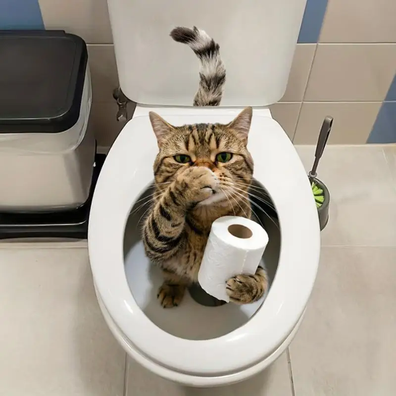 Funny Cat Hold Paper Covering Nose Toilet Sticker Bathroom Toilet Cover Sticker Home Bathroom Decoration