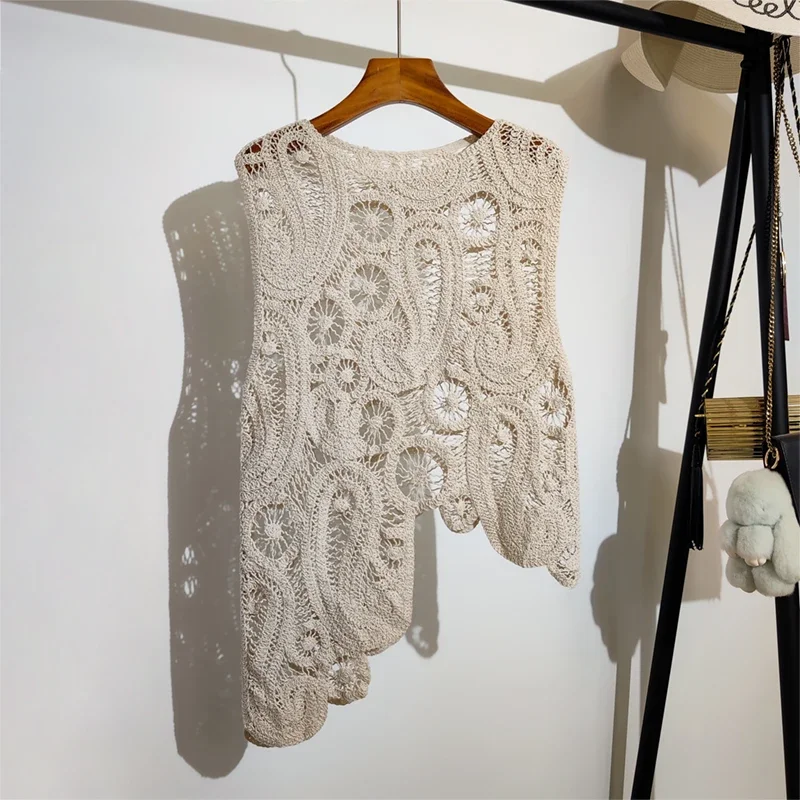 Asymmetric Crochet Top Paisley Lace Sleeveless Sheer Open-knit Blouse Elegant White Vest Summer Boho Vacation  Outfit