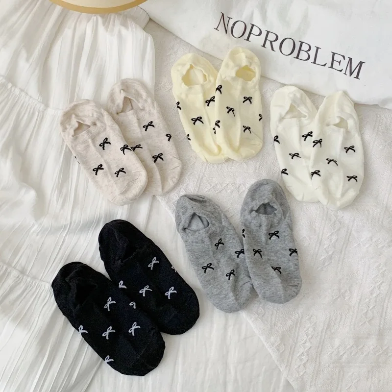 SP&CITY Summer Bow Printed Invisible Socks Women's Breathable Non Slip Cotton Boat Socks Korean Sweet Shallow Mouth Short Socks