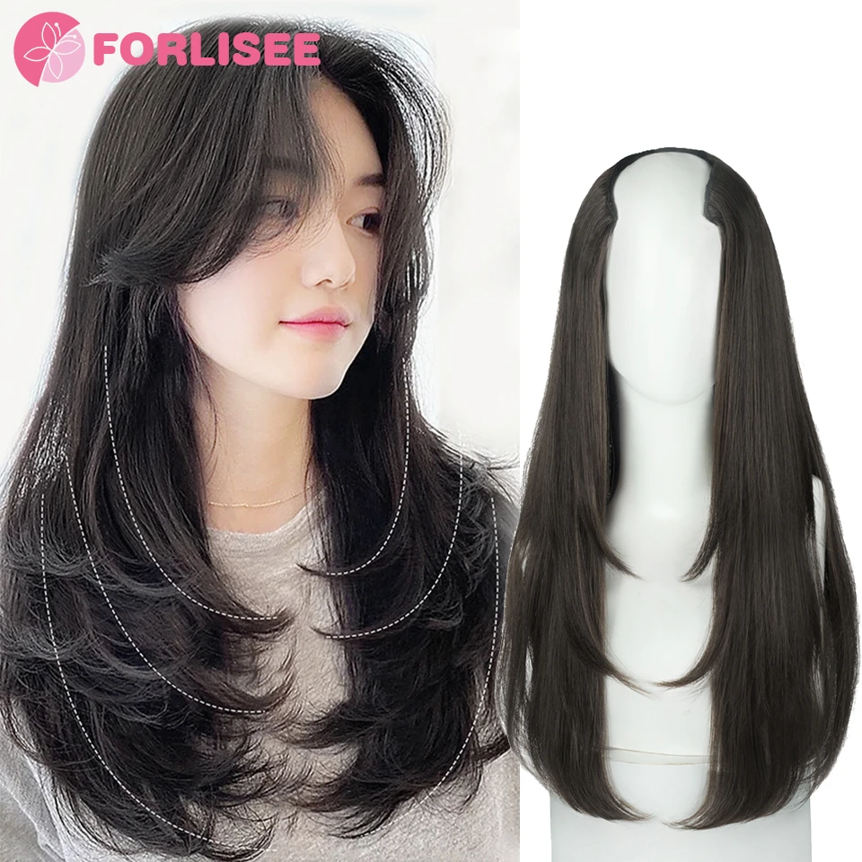 Synthetic Wig Women's Traceless Invisible U-shaped Long Straight Hair With Inner Buckle Long Curly Hair Natural Extension Wig