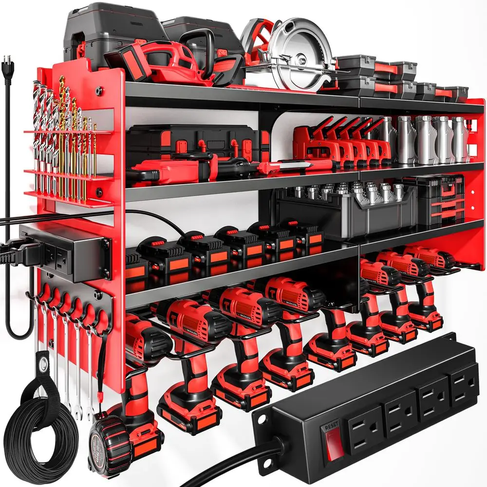 

Large Power Tool Organizer Wall Mount with Charging Station,4 Layer Heavy Duty Metal Tool Storage Shelf Loads 600lbs,Battery Ut