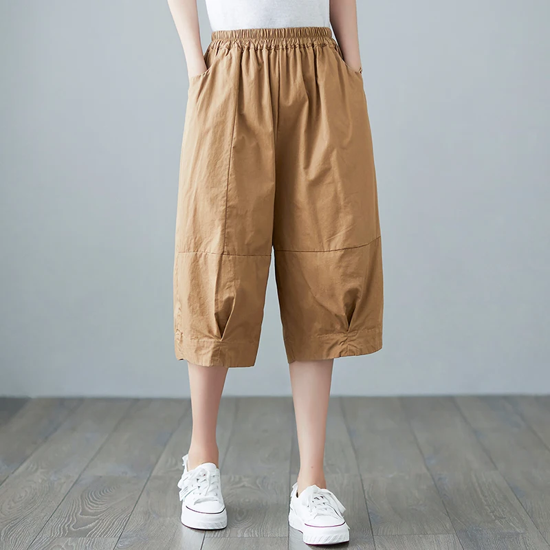 الراقية المرأة حجم كبير القطن عادية مستقيم الساق السراويل خمسة أرباع طول مريحة فضفاضة تناسب ملابس العمل بنطلون