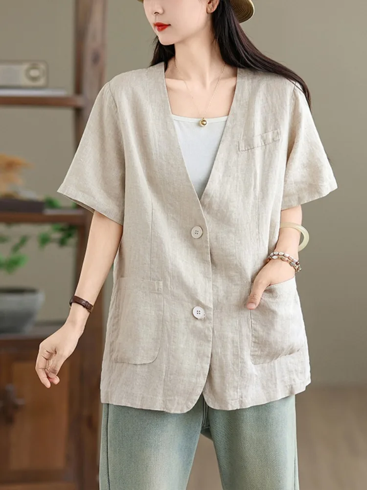 الرجعية القطن الكتان ort Sve دعوى Jaet المرأة الصيف رقيقة زر واحد سترة ملابس خارجية منتصف طول