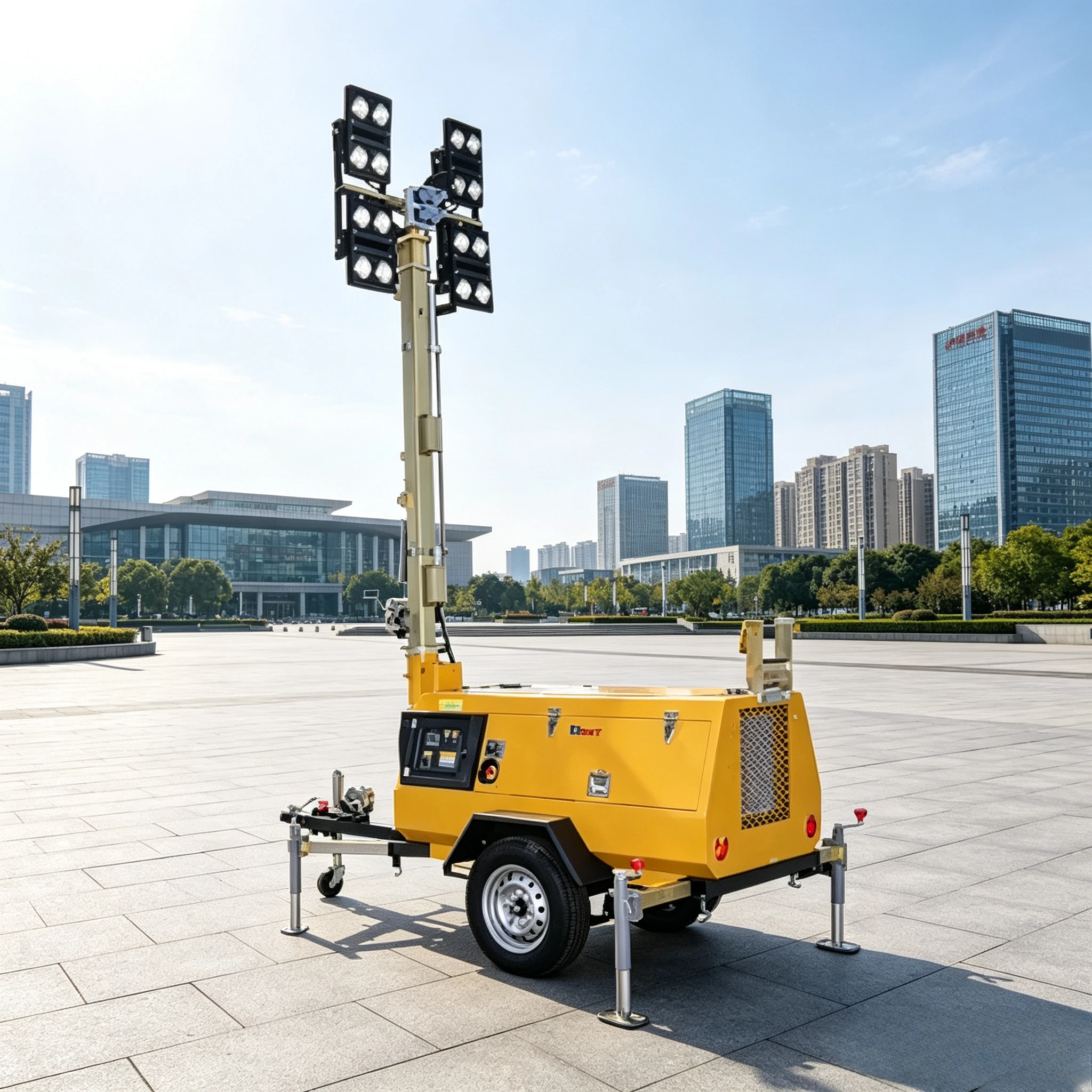 Mobile Trailer Mounted Lighting Tower Diesel Generator LED Work Light Portable for Construction Emergency Outdoor Use Customized