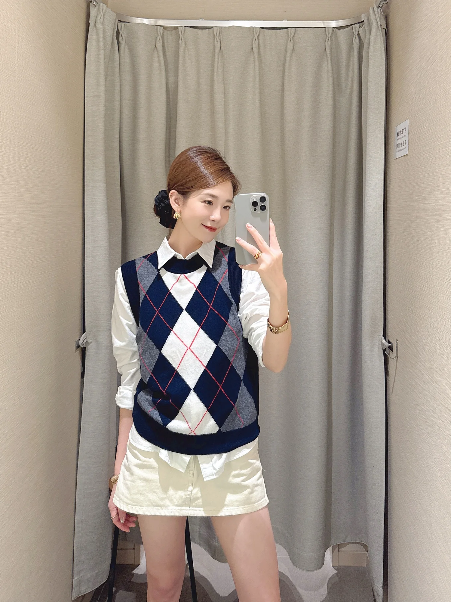 

Warm Woolen Knitted Vest Women's Svel Inner Wear College Sle Casual Loose Fit Geometric Pattern round Ne Top