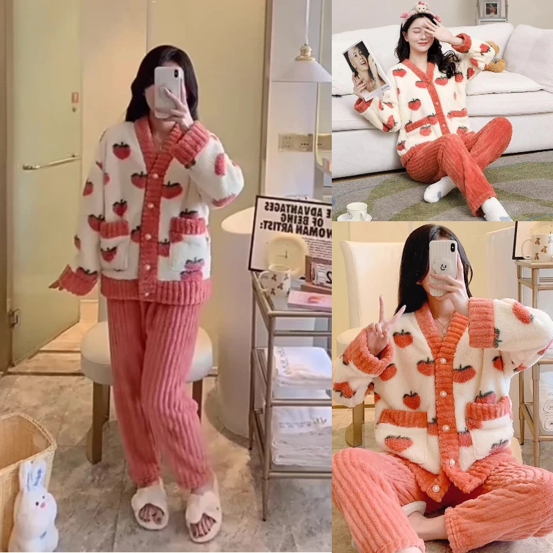 2PCS/Set Maternity Winter Thickened Warm Flannel Pregnant Women\'s Pajamas Long-Sleeved Peach Loungewear Soft Homewear Nursing