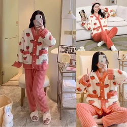 2PCS/Set Maternity Winter Thickened Warm Flannel Pregnant Women's Pajamas Long-Sleeved Peach Loungewear Soft Homewear Nursing