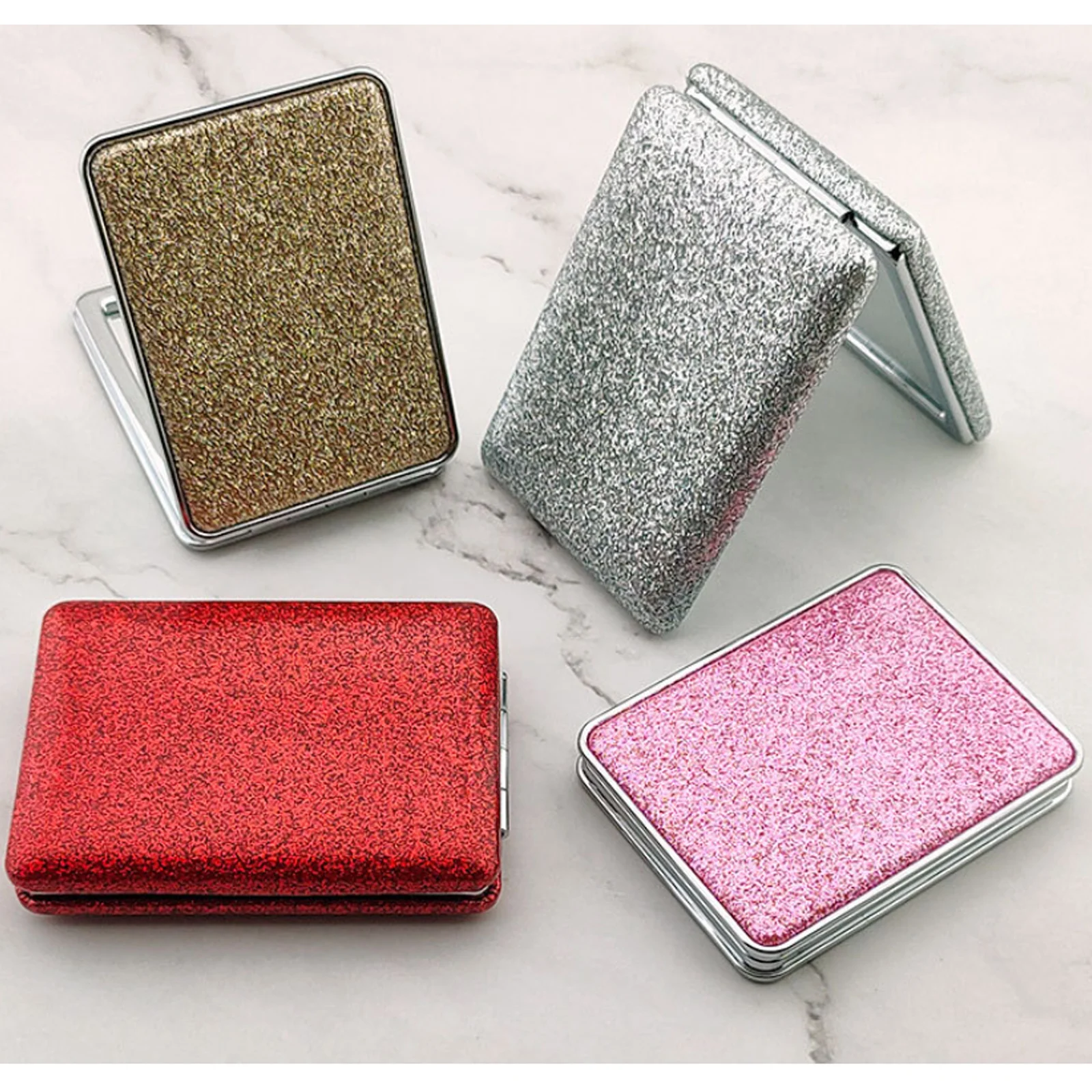 Portable Folding Sequins Makeup Mirror Double Side Mirror  Magnification Makeup Mirrors Round Double-Sided Pocket Compact