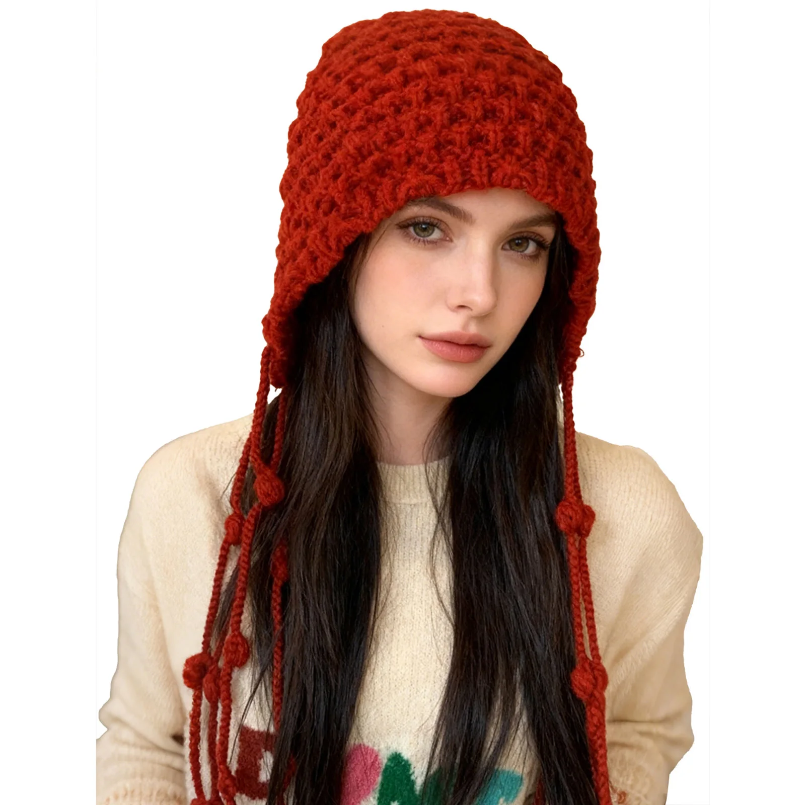 Fashionable Knit Hat Crochet Beanie Tassel Ear Flaps Knit Hat with Pompom Skull Cap for Women Warmer Hat 3