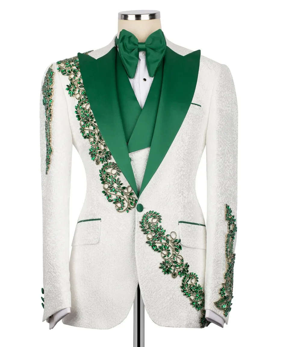 

Modern Tailored Wedding Suits for Man 3 Pieces Blazer Pants Vest Peaked One Button Appliques Rhinestone Formal Wear Customized