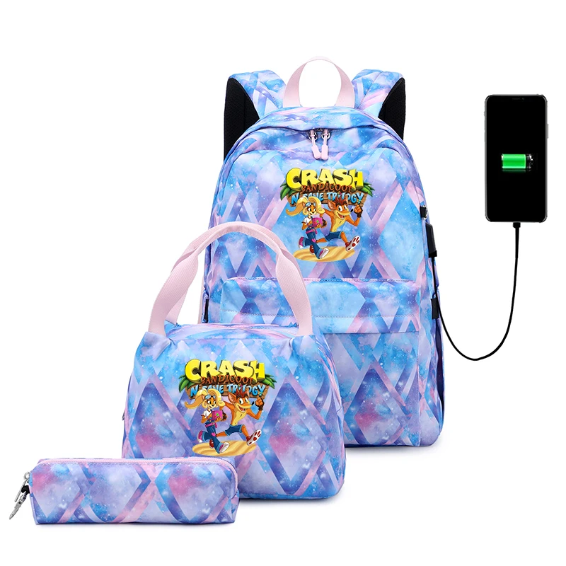 

3pcs Game Crash Bandicoot Backpack Fashion Student USB Charging Lovely Travel Backpack For Children Teenager School bag Mochila