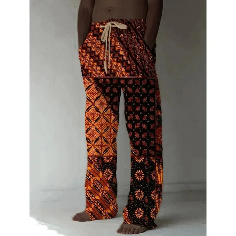 Мужские повседневные широкие брюки с геометрическим узором и принтом в этническом этническом этническом стиле, летние брюки для влюбленных, мягкие расклешенные брюки размера плюс