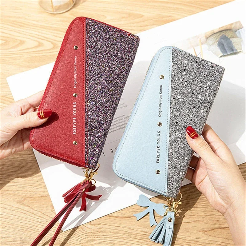 Women Long Wallet Patchwork Sequin Clutch Bag Glitter Pu Leather Ladies Phone Bag Card Holder Coin Purse Female Wallets