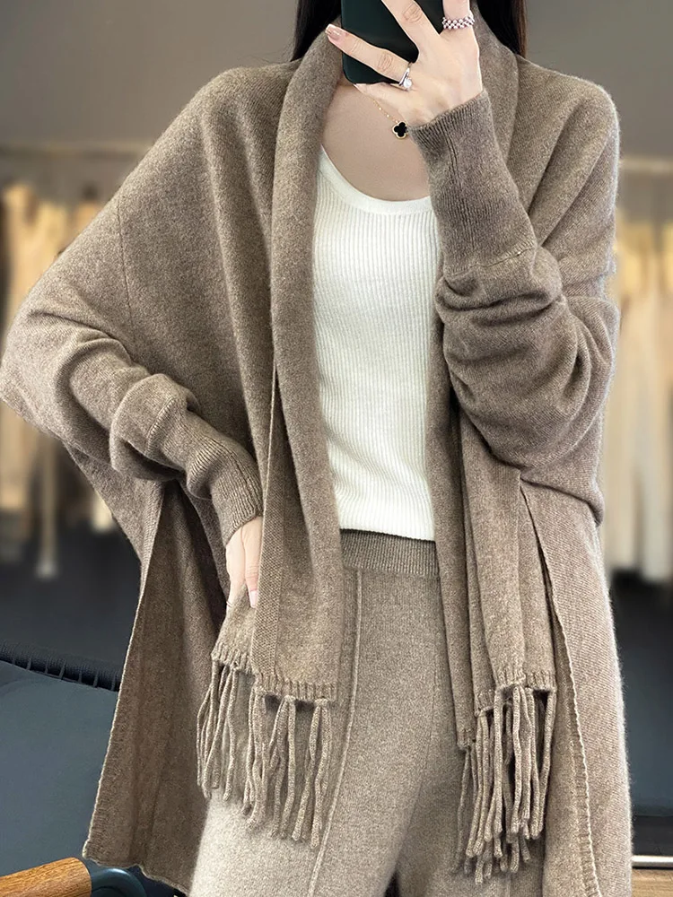 Women\'s Long Sleeve Wool Tassel Jacket, Female Cardigan Shawl, Loose Coat, Vintage Fashion, Casual Street Outerwear, Poncho, 100