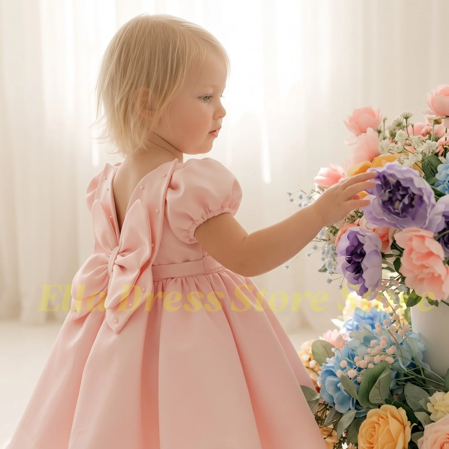 Großhandel Rosa Blumenmädchenkleid für Hochzeit Schleife Satin Teelang Mädchen Kinder Geburtstagsfeier Erstkommunion Kleid Maßanfertigung – Detail 2