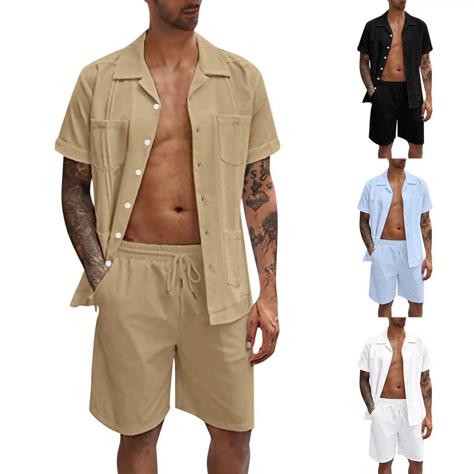 

Linen Sports Short Set Men's Shirt British Style Pocket Design Non-deformable Thin Summer Fashion Inner Wear Color