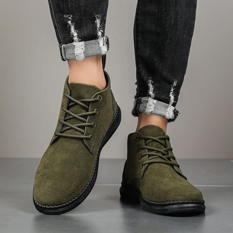 Alta superior casual sapatos de placa masculina rendas até camurça preto fundo plano botas curtas chelsea botas de marca de alta qualidade botas