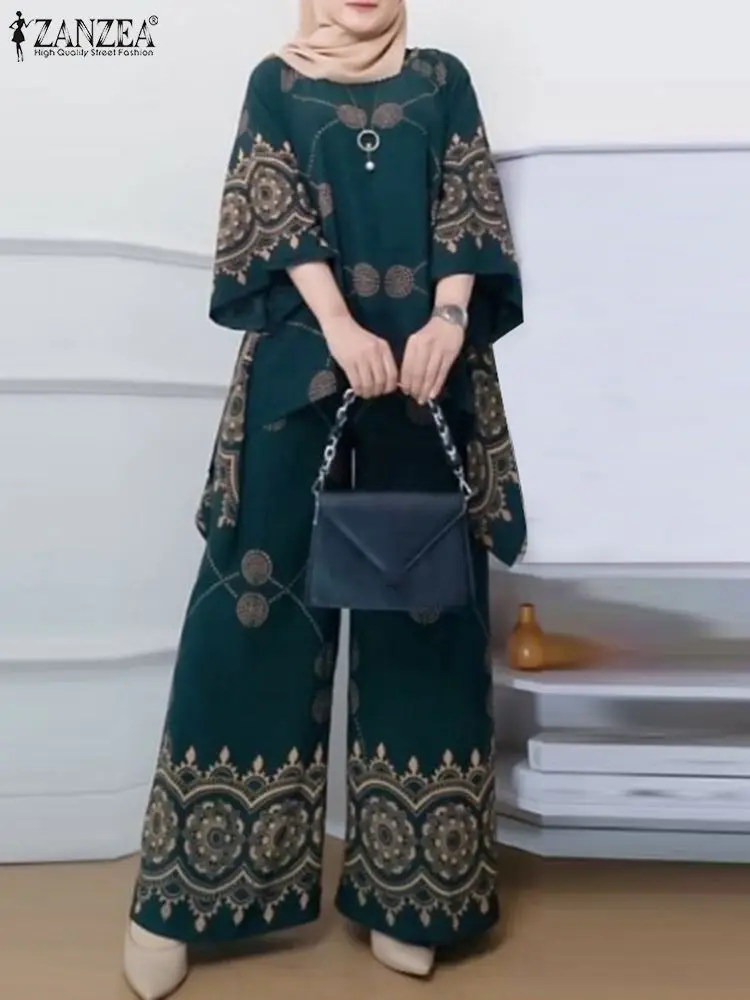 

ZANZEA Women Summer Tracksuits Islamic Hijab Floral Print Eid Mubarek Wide Leg Trousers Muslim Pant Sets Bohemian Matching Sets