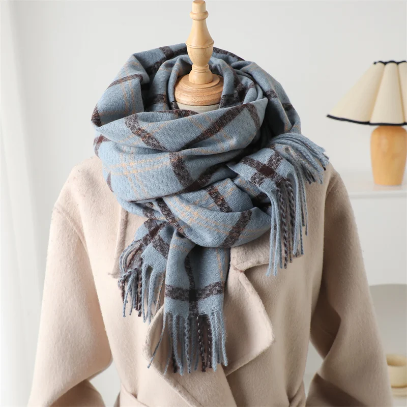 Unisex Vintage Style Cashmere Like Thick Warm Shawl Wrap Winter Plaid Tassel Blanket Scarf Women Neckerchief Pashmina Poncho