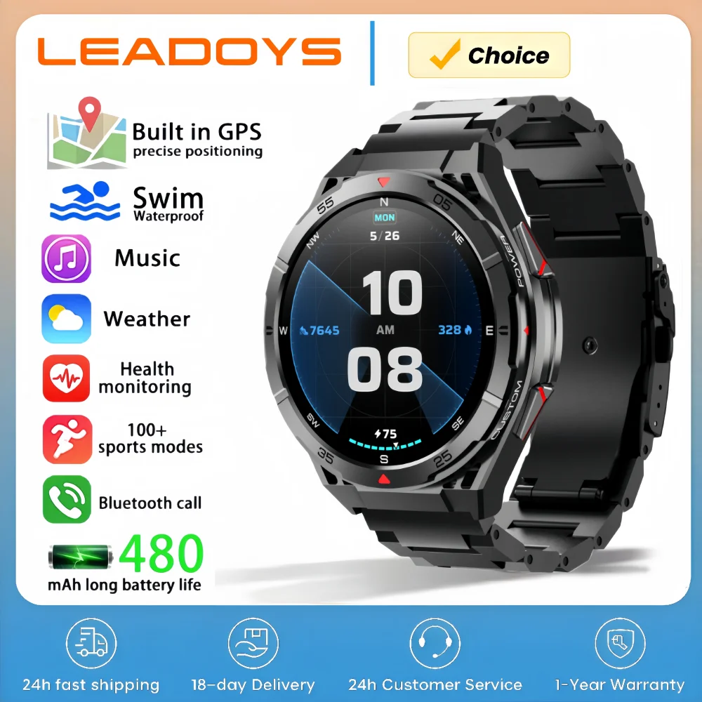 LEADOYS AMOLED ساعة ذكية مع بوصلة رياضية GPS الارتفاع ضغط الهواء بلوتوث دعوة 3ATM مقاوم للماء الصحة المقتفي 480mAh Bat