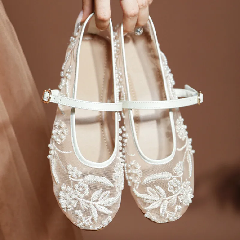 

Luxury Brand Ballet Flats Women Mesh Breathable String Bead Design Elegant Mary Jane Shoes Fashion Round Toe Buckle Flat Sandals