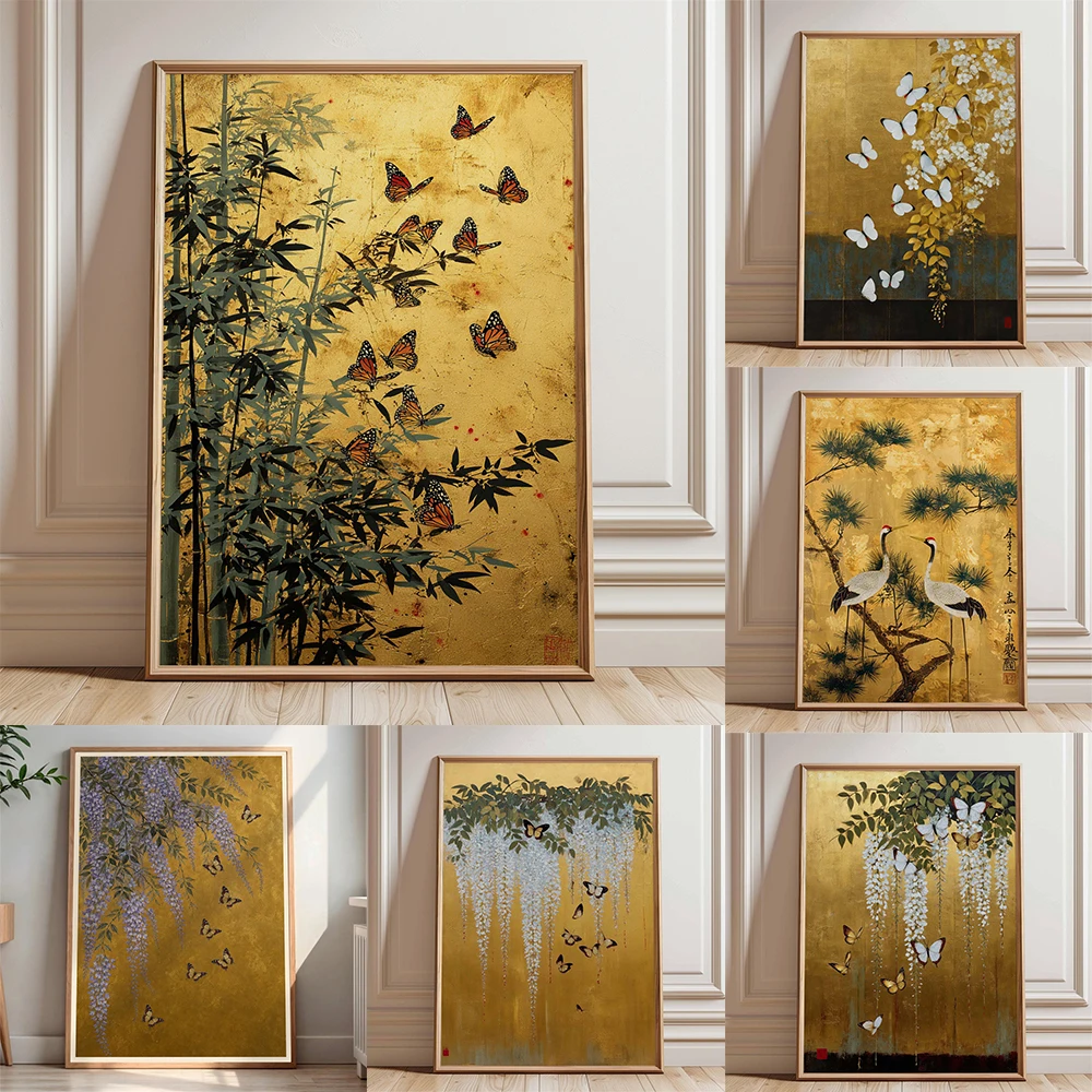 Butterfly Poster Golden Monarch Illustration with Bamboo Asian Inspired Art Prints Japanese Floral Gold Poster Vintage Botanical