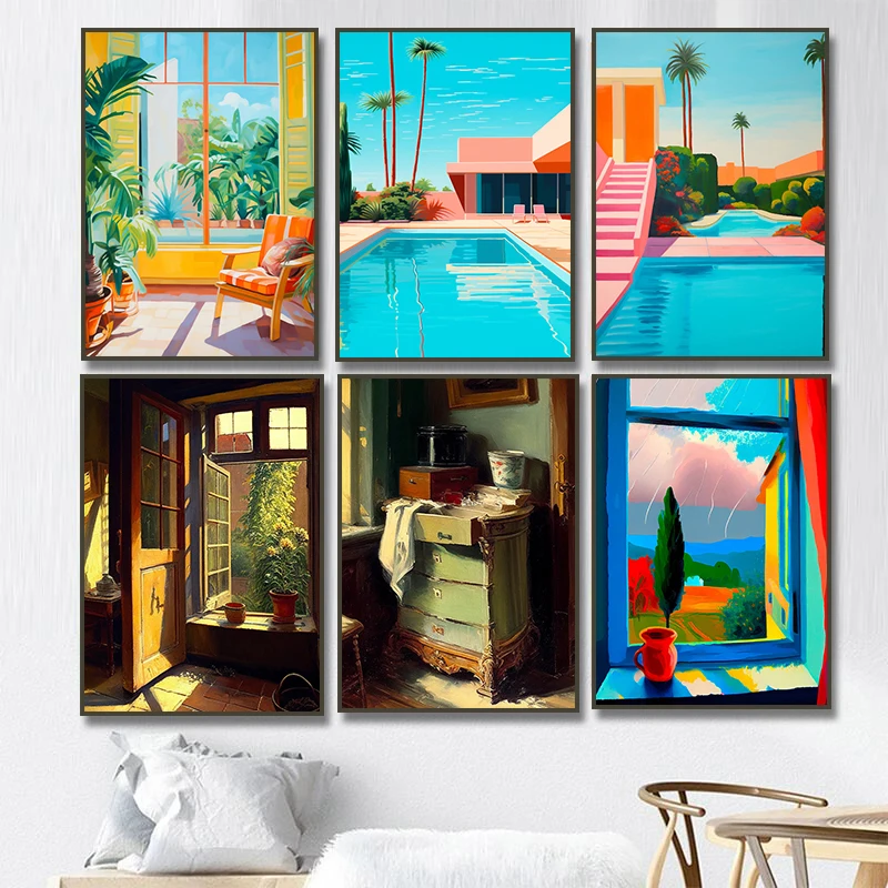 Palm Springs Sunset Pool Print Retro Architecture Poster Wall Art Canvas Painting Print Moody Pictures Cottage Boho Home Decor