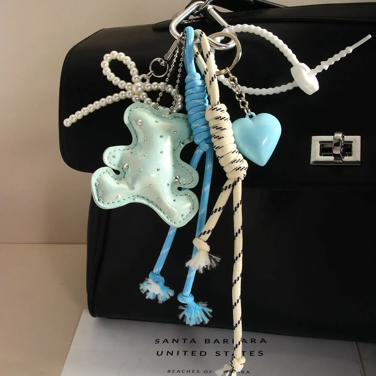 Leather Cute Bear Blue Lanyard Heart Keychain Pearl Hand Braided Rope Roman Knot Bow Keychain Bag Pendant Charm for Women