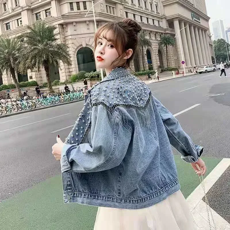 Small Studded Blue Woman Jean Coat Black Short Fringe Denim Jacket for Women Spring Autumn Crop Outerwear Youthful Clothes Deals