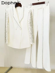 Heavy Industry Beads Diamond Suit Jacket Split Trousers Two-Piece Sets Women 2023 Autumn New Fashion White Pants Sets Female