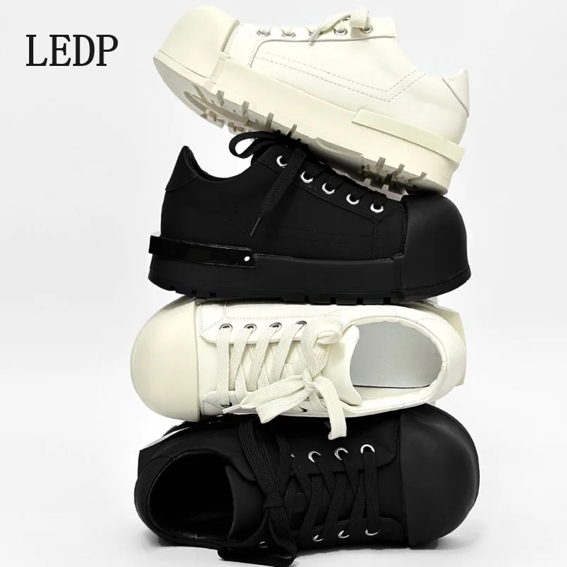 

LEDP Brand Men's Casual Small Daddy Shoes 2024 Autumn New Thick Soles All Black Height-raising Shoes Car Stitch Design