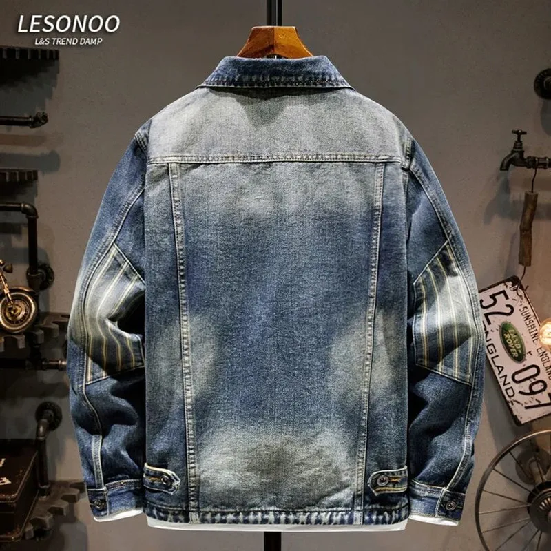 الخريف والربيع موضة جديدة الاتجاه لون نقي الأمريكية خمر ملابس العمل الدنيم سترة الرجال معطف رياضي فضفاض غير رسمي حجم كبير