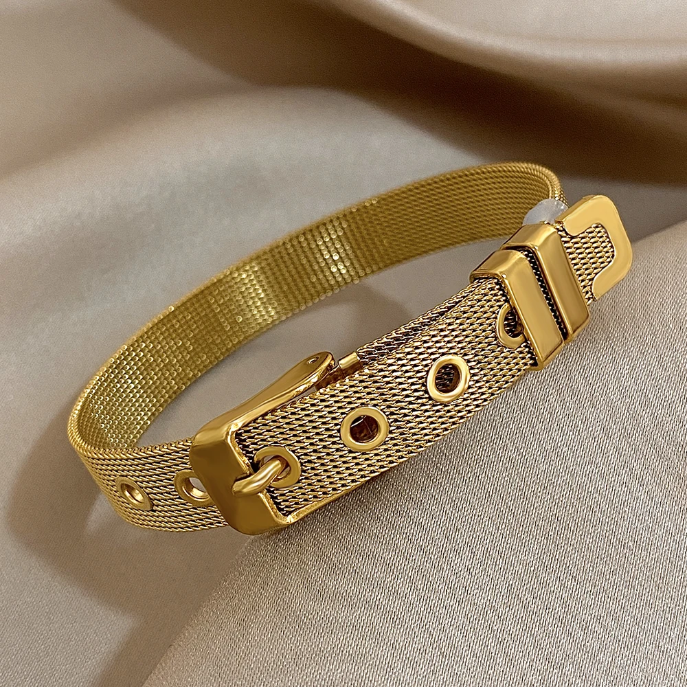 Fashion Hot Sales Stainless Steel Gold Color Belt Buckle Adjustable Bracelet For Women Men Statement New Trend Wrist Jewelry