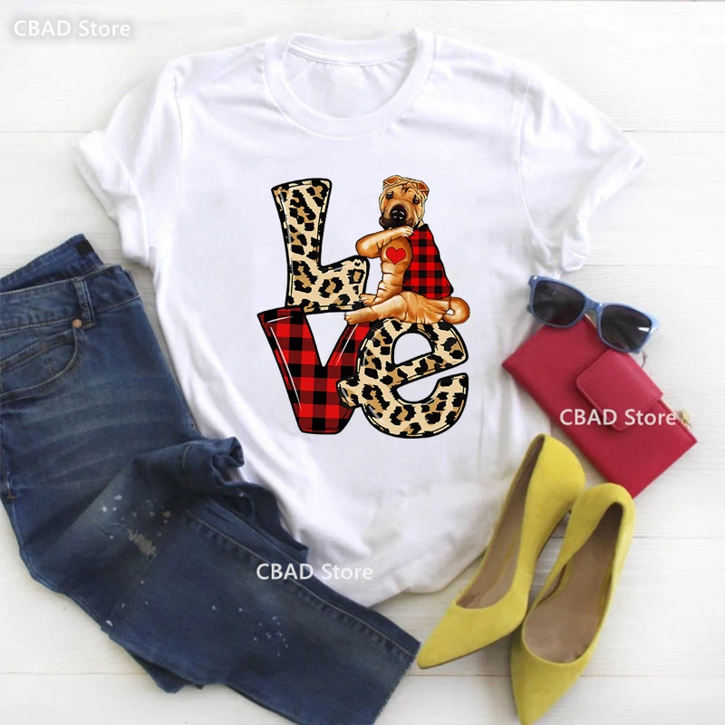 Boston Terrier/Shar Pei Love Leopard Graphic Print T Shirt Girls Harajuku Kawaii Clothes Dog Lover Tshirt Women Fashion T-Shirt