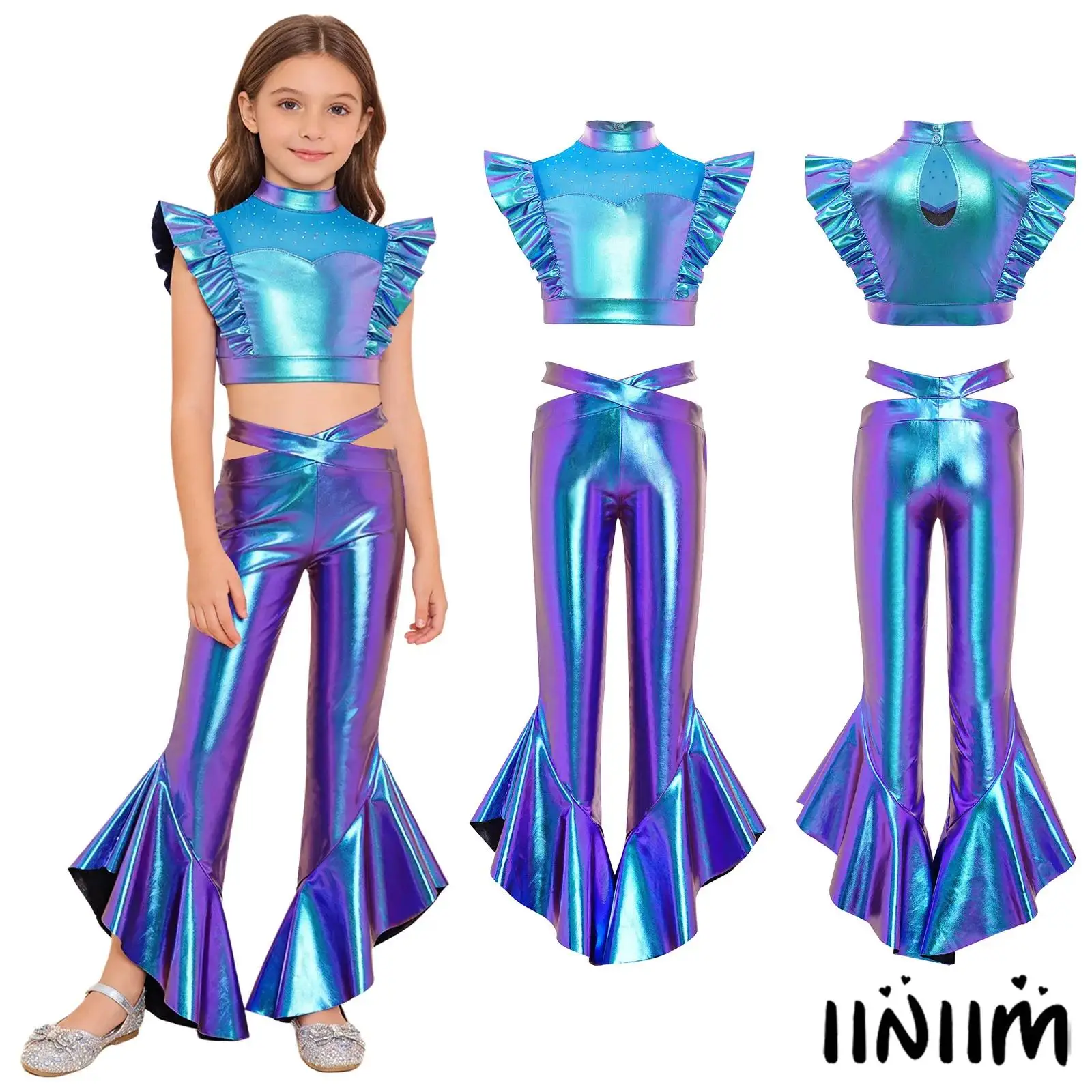 

Kids Girls Jazz Hip Hop Dance Performance Outfit Sleeveless Rhinestone Mesh Top with Flared Pants for Rocks Music Festival Wear