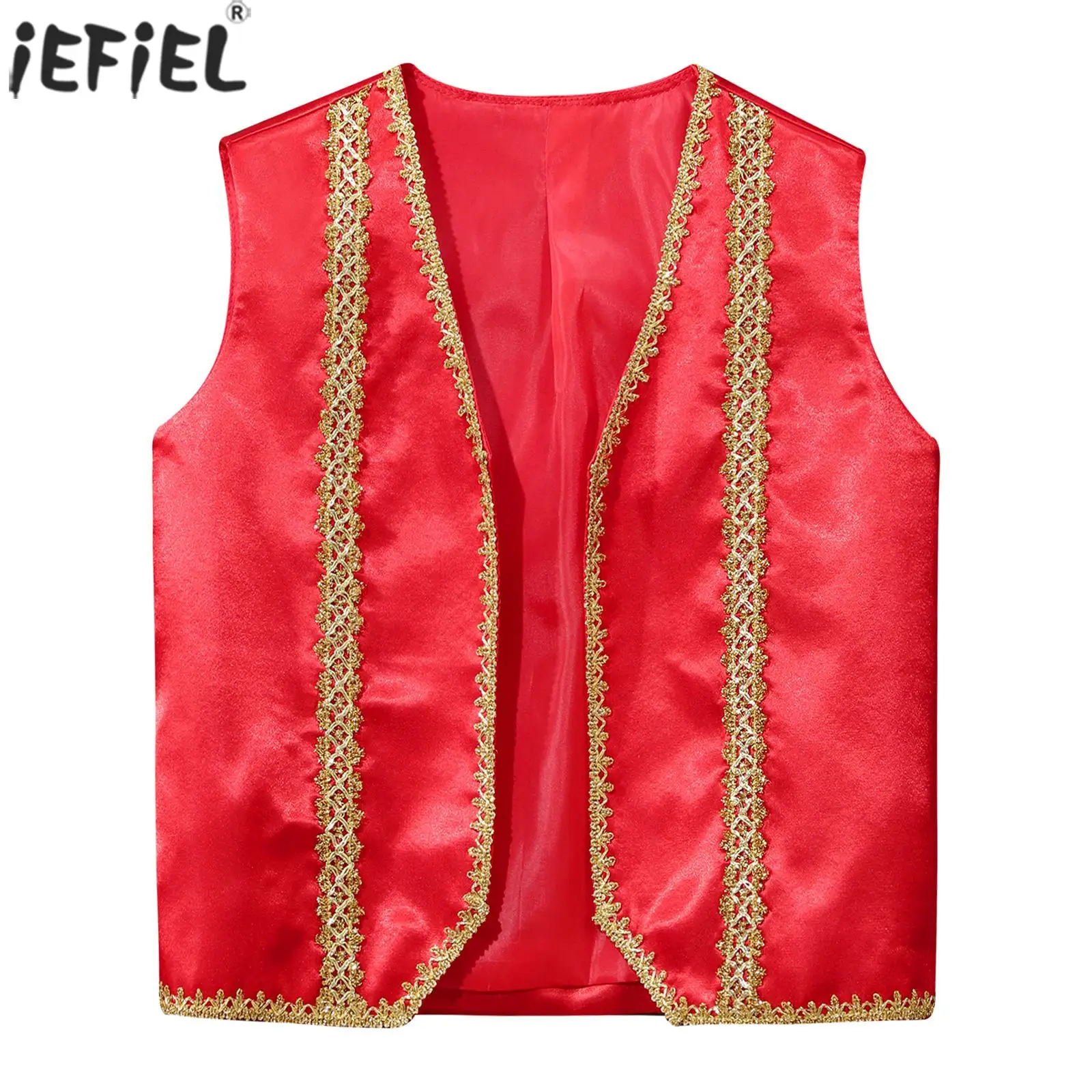 Kid Boys Girls Medieval Aristocrat Cosplay Waistcoat Halloween Theme Party Costume Gothic Arabian Prince Vest Golden Trim Jacket