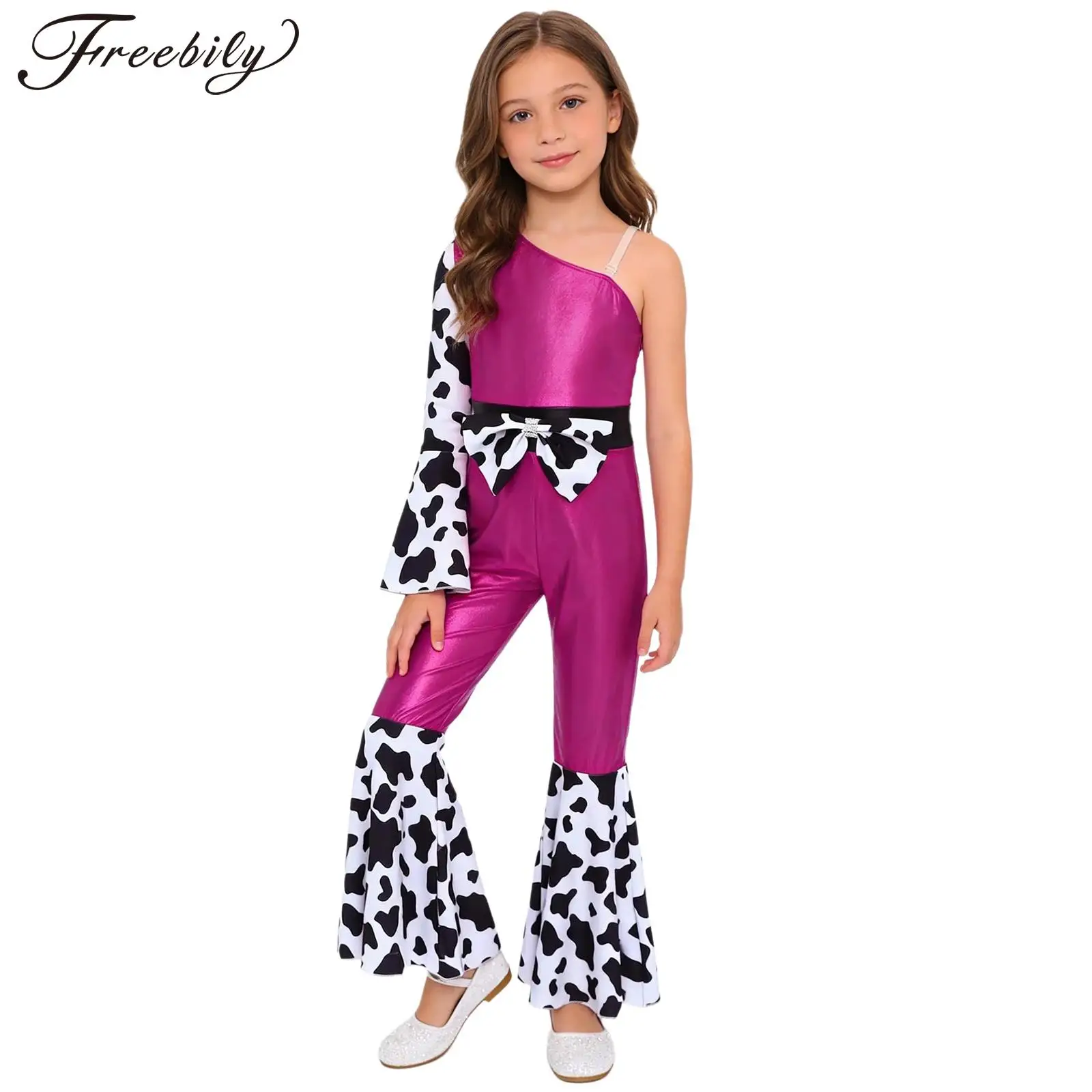 Kids Girls 70S Disco Hippie Western Cowgirl Costume Metallic Gloss Long Sleeve Jumpsuit Bell-bottoms Carnival Party Bodysuit